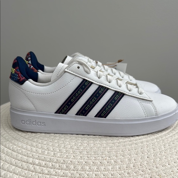 Adidas White Sneakers with Navy and Multicolor Stripes size 6.5 - Picture 2 of 4
